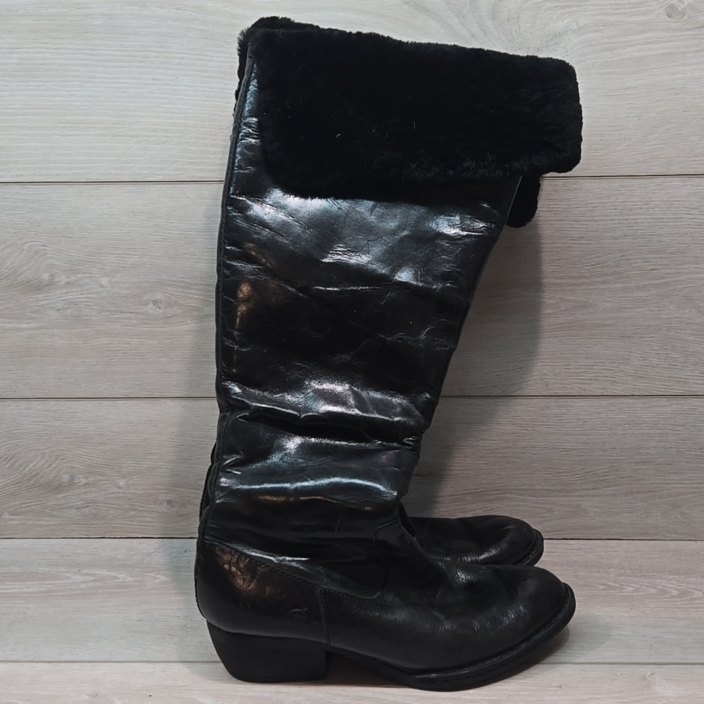 Born Women Tall Leather Over Knee-High Boots with Fur Trim Dry Sheepskin Sz 8